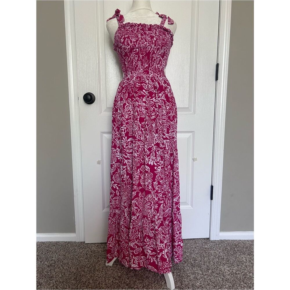 Vibrant Pink Floral Tie-Shoulder Boho Tropical Maxi Dress Side Cut Outs Rayon - Picture 3 of 12